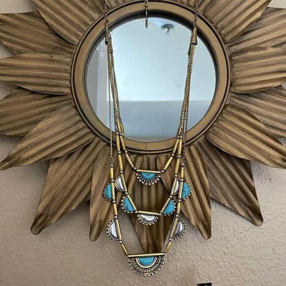 Gold Tone Turquoise Three Tiered Necklace - Picture 11 of 13